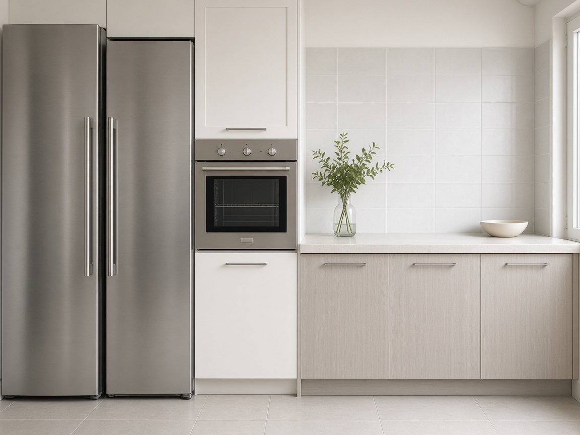 Küche mit Kochherd, Kühlschrank, Gefrierschrank, Backofen, Steamer und Mikrowelle
